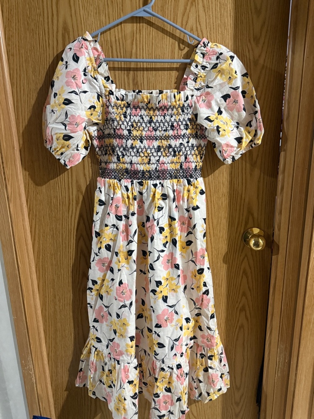 kate spade White Floral Smocked Midi Dress with Pink & Yellow Blooms